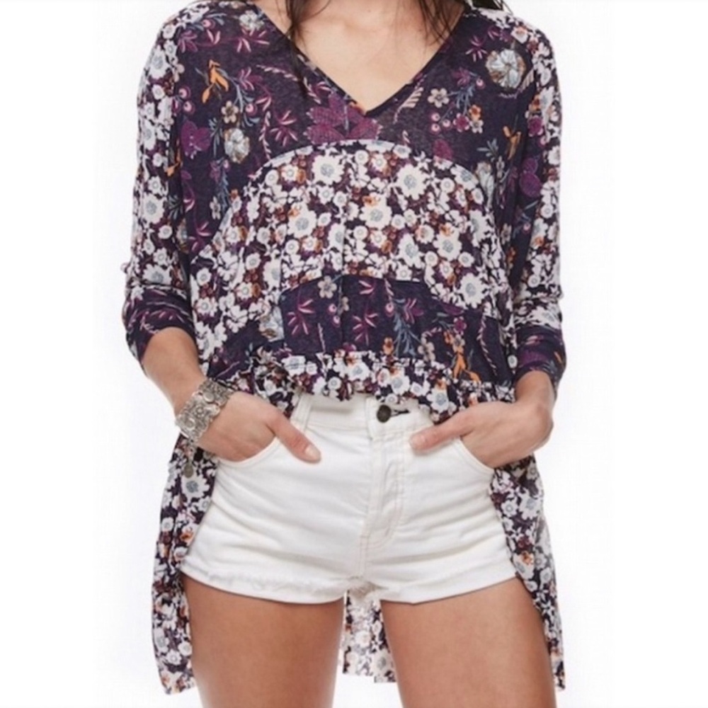 FREE PEOPLE Isabelle Floral Tunic Top Blue Size XS (oversized) - Picture 9 of 10